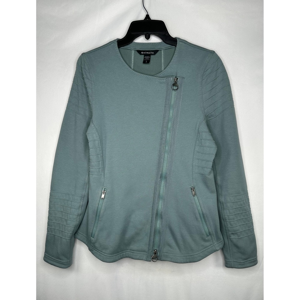 Athleta Moto Jacket Green Asymmetrical Zip Ribbed Biker Fleece Activewear Large